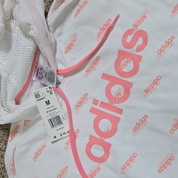 Adidas White Hoodie with Pink Logo Pattern Sz M New - Picture 2 of 4